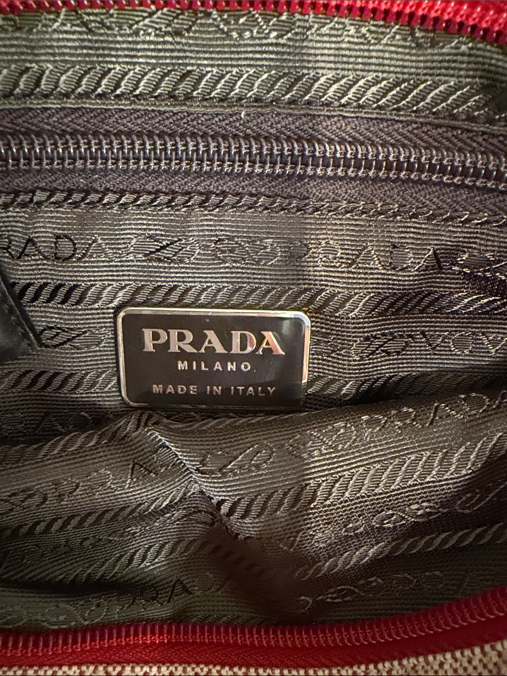 Prada Beige-Pink Canvas Crossbody with Red-Trim Strap - Picture 9 of 12